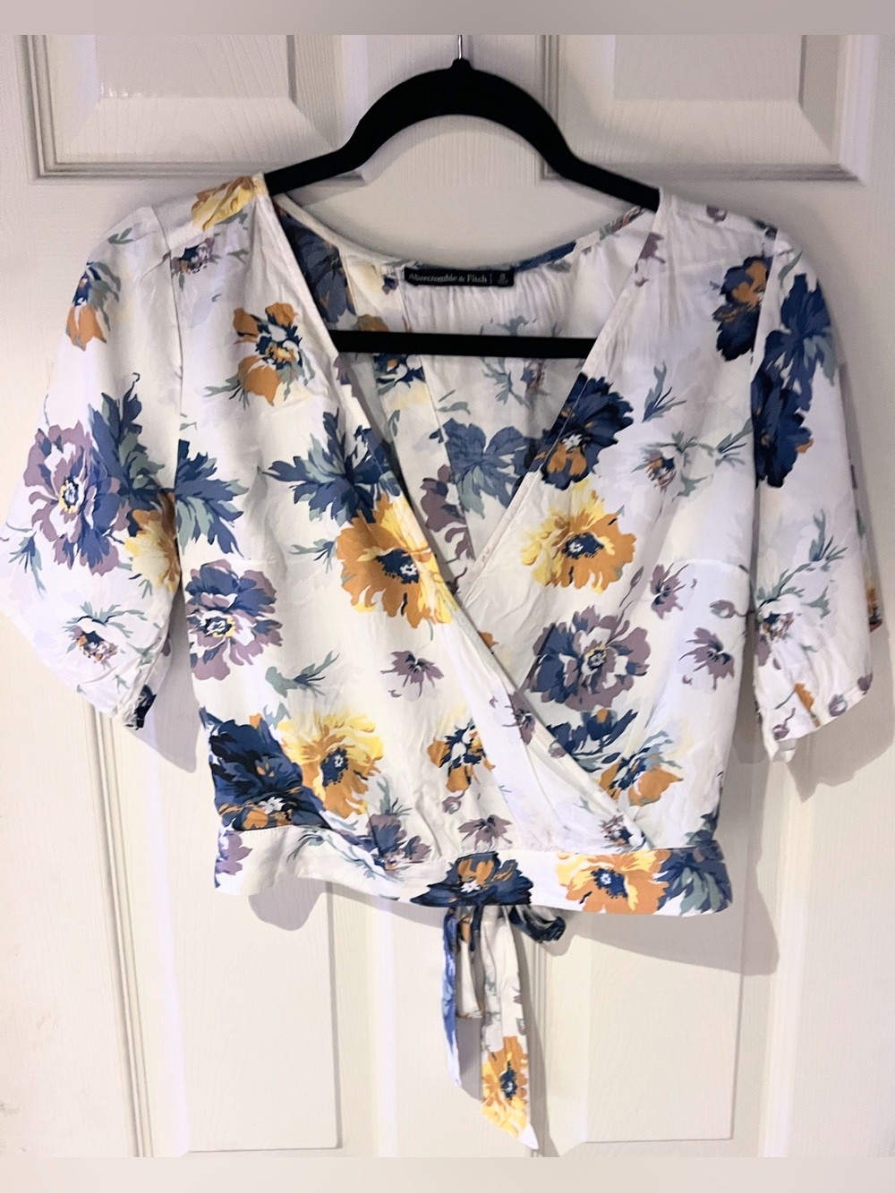 Abercrombie & Fitch White Floral Wrap Blouse with Blue and Yellow Blooms